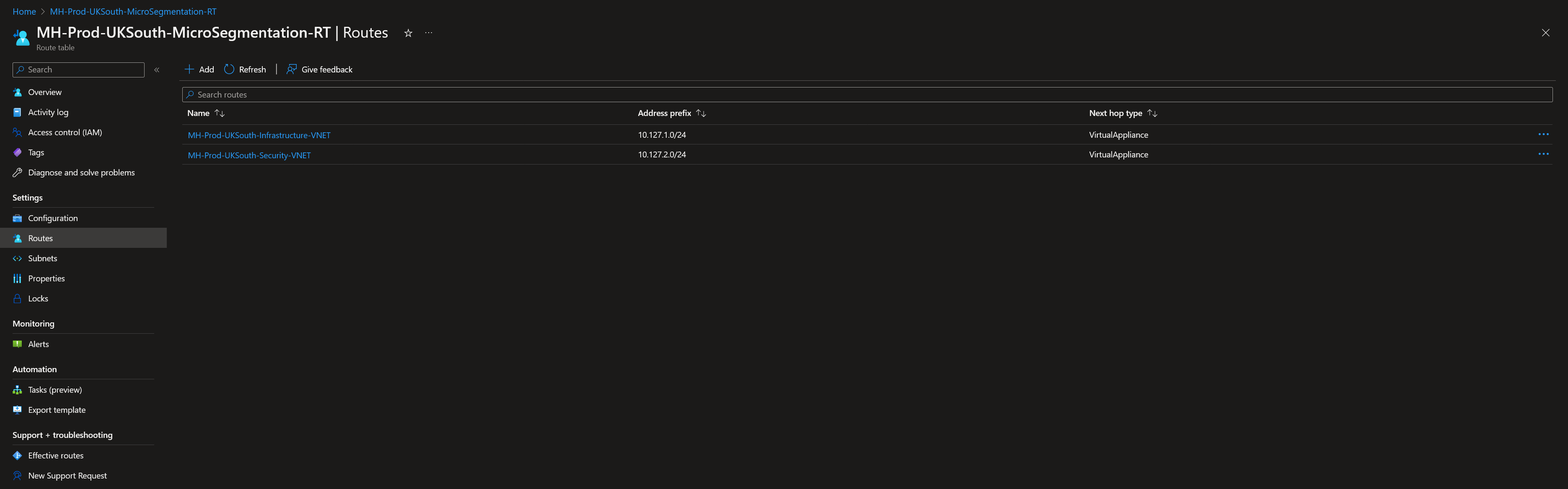 Example UDR route table with VNet address spaces pointing to the Azure Firewall