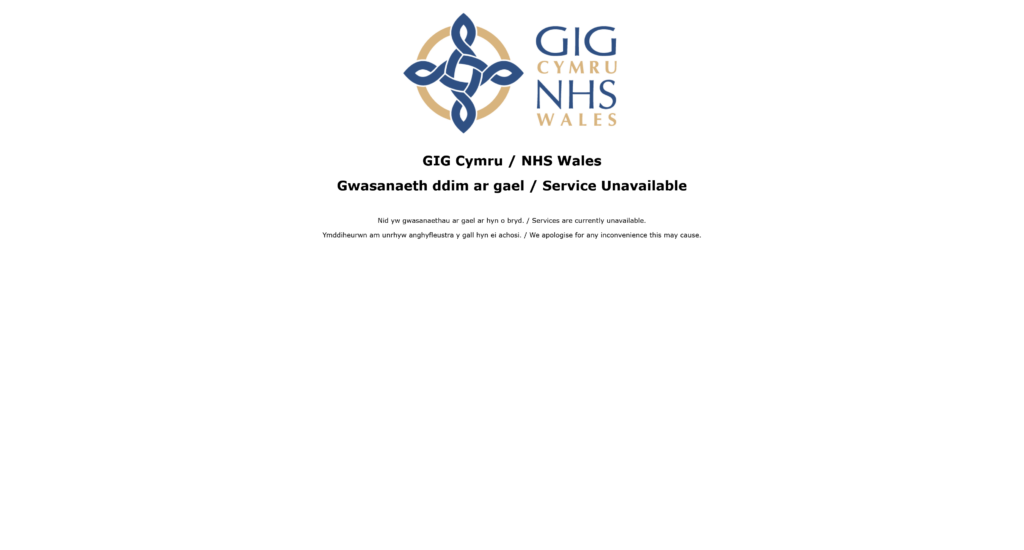 Branded problem page for NHS Wales displayed during a failover