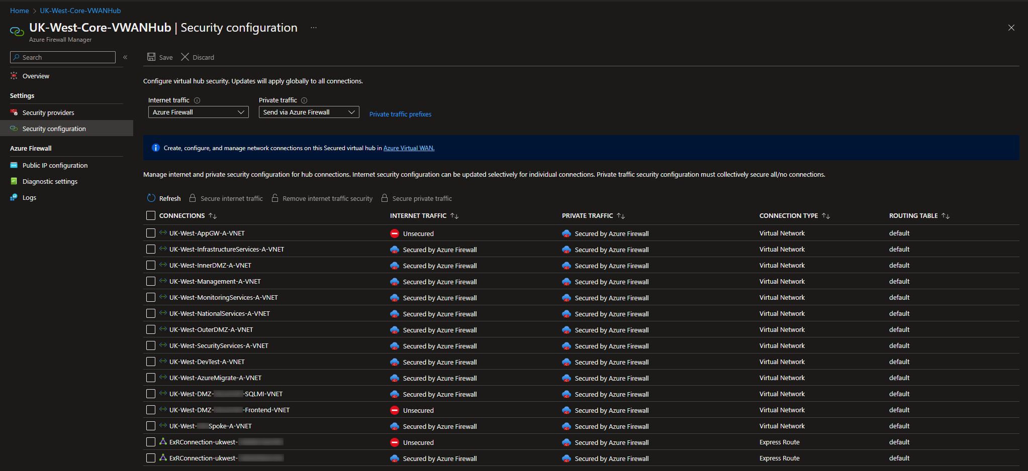 VWAN Security Configuration panel showing the internet traffic security setting